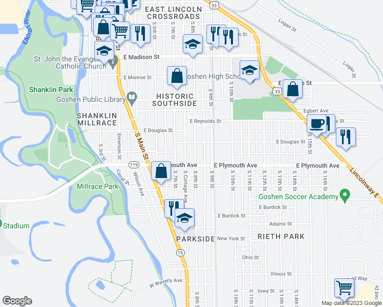 map of restaurants, bars, coffee shops, grocery stores, and more near 813 South 8th Street in Goshen