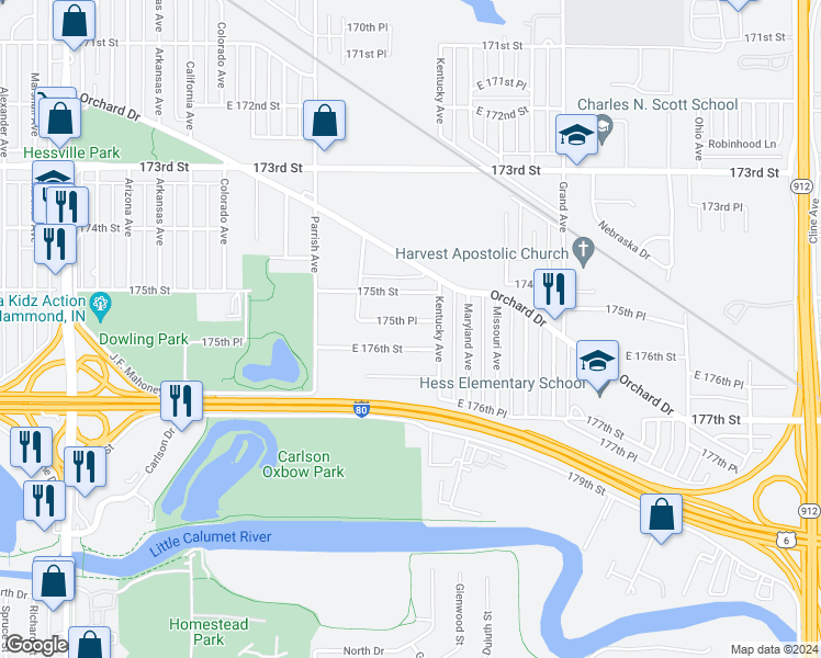 map of restaurants, bars, coffee shops, grocery stores, and more near 3328 175th Place in Hammond