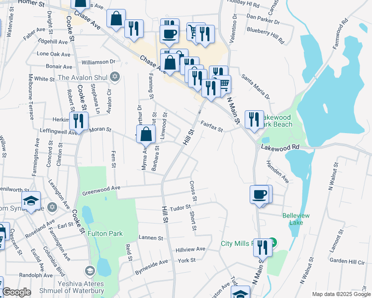 map of restaurants, bars, coffee shops, grocery stores, and more near 556 Hill Street in Waterbury