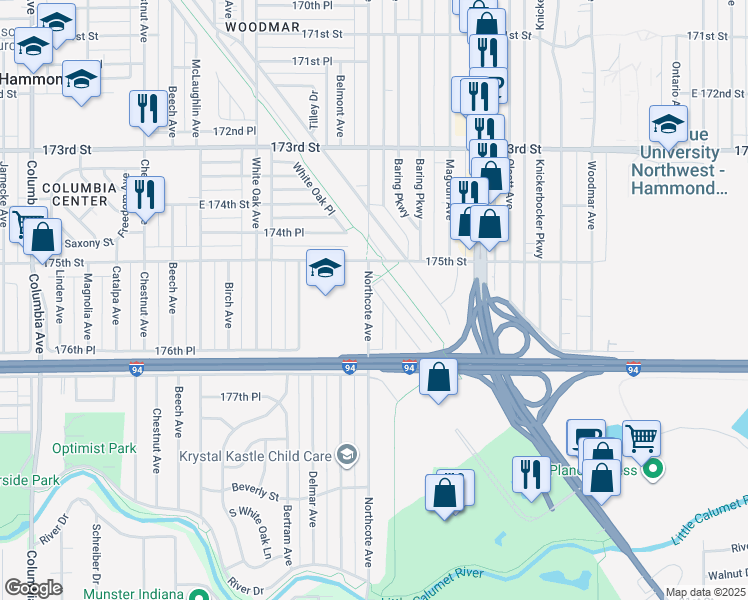 map of restaurants, bars, coffee shops, grocery stores, and more near 7500-7530 Northcote Avenue in Hammond