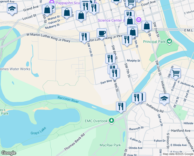 map of restaurants, bars, coffee shops, grocery stores, and more near 535 Southwest 11th Street in Des Moines