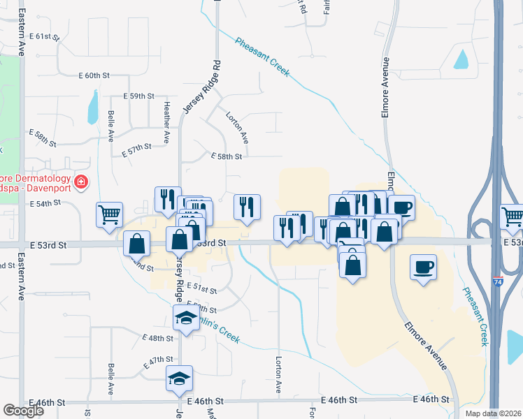 map of restaurants, bars, coffee shops, grocery stores, and more near 2700 East 53rd Street in Davenport