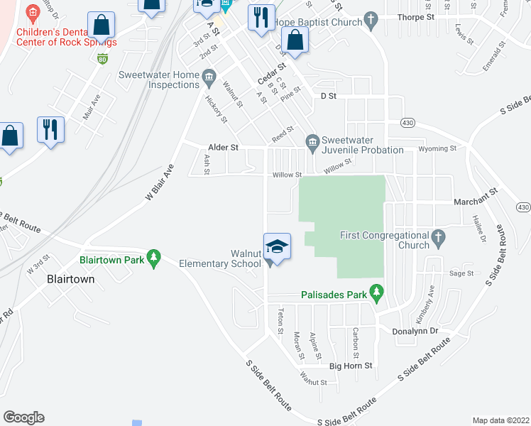 map of restaurants, bars, coffee shops, grocery stores, and more near 957 Walnut Street in Rock Springs