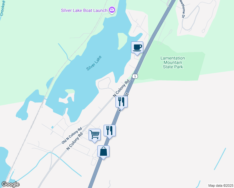map of restaurants, bars, coffee shops, grocery stores, and more near 1655 North Colony Road in Meriden