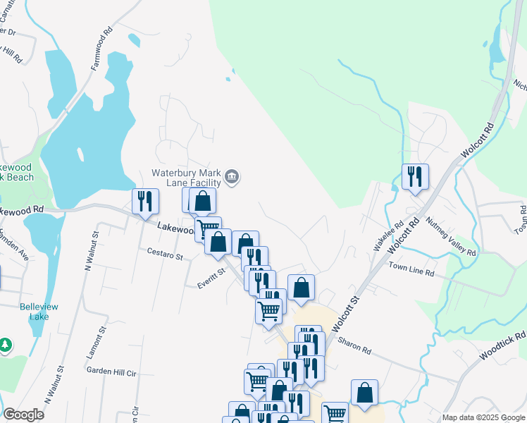 map of restaurants, bars, coffee shops, grocery stores, and more near 92 Mark Lane in Waterbury