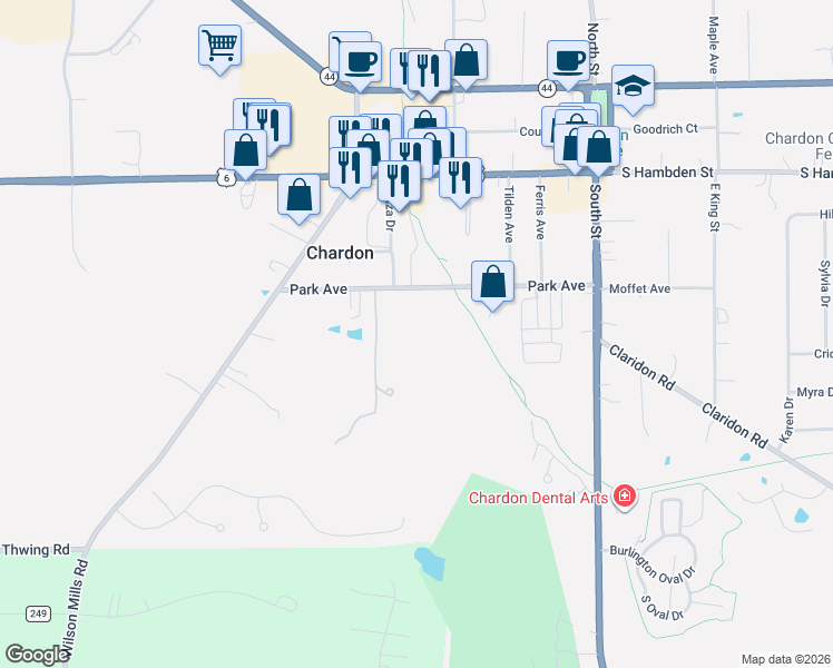 map of restaurants, bars, coffee shops, grocery stores, and more near 367 Park Avenue in Chardon