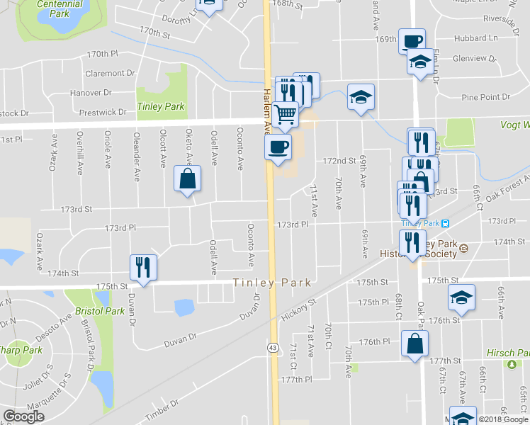 map of restaurants, bars, coffee shops, grocery stores, and more near 17312 Harlem Avenue in Tinley Park