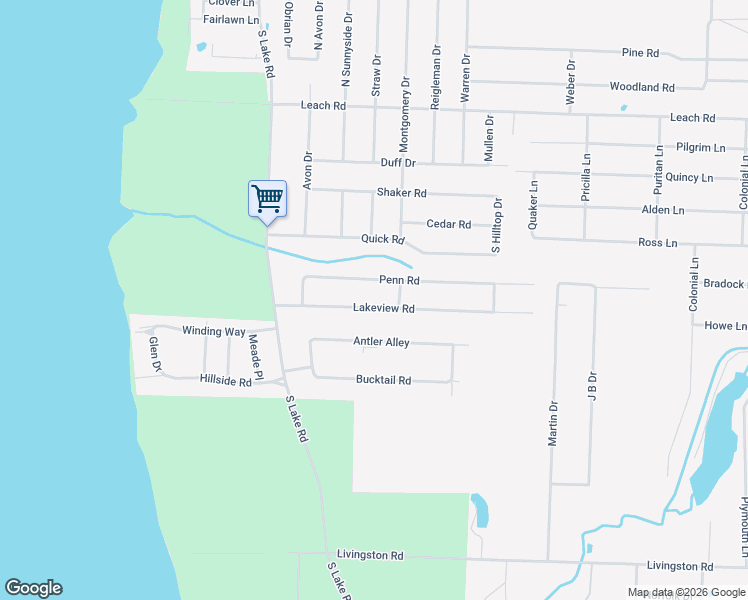 map of restaurants, bars, coffee shops, grocery stores, and more near 100-166 Penn Road in Jamestown