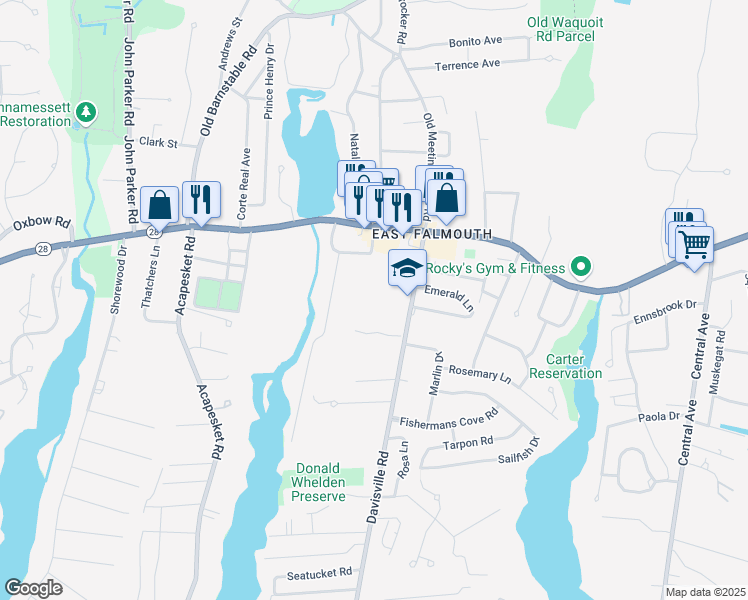 map of restaurants, bars, coffee shops, grocery stores, and more near 33 Davisville Road in Falmouth