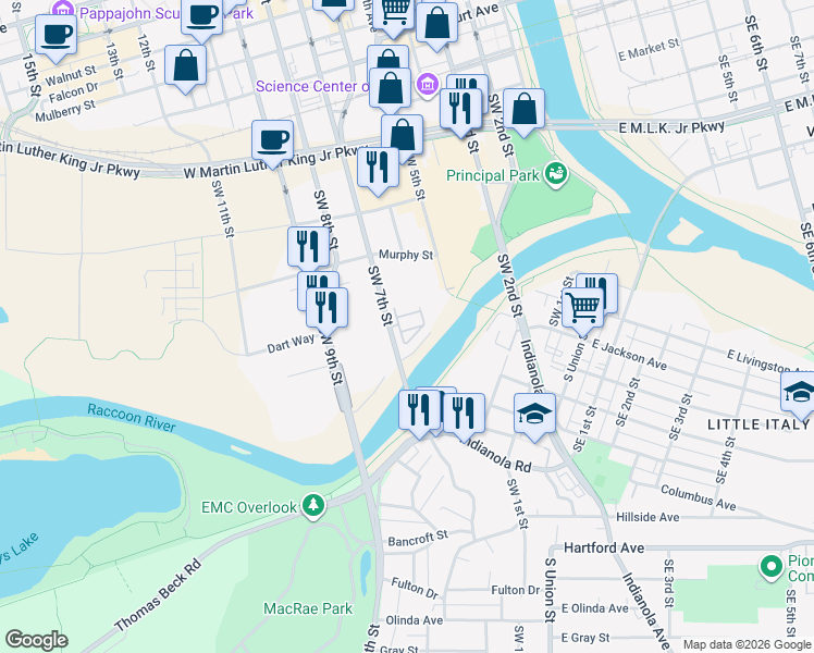 map of restaurants, bars, coffee shops, grocery stores, and more near 535 Southwest 7th Street in Des Moines