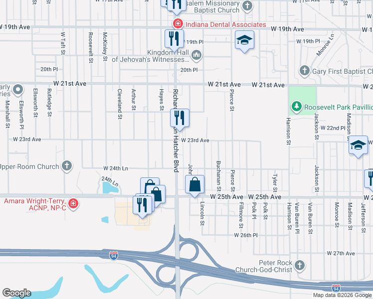 map of restaurants, bars, coffee shops, grocery stores, and more near 1520-1598 W 23rd Ave in Gary