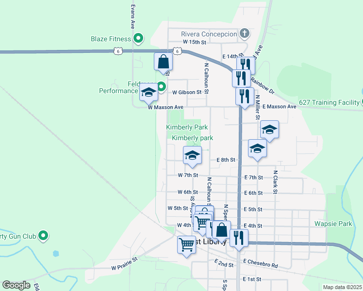 map of restaurants, bars, coffee shops, grocery stores, and more near West Liberty Track in West Liberty