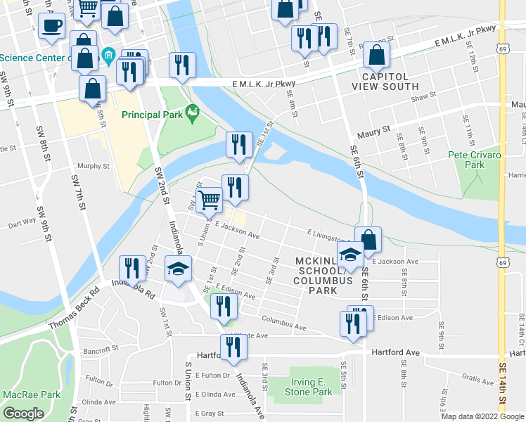 map of restaurants, bars, coffee shops, grocery stores, and more near 1405 Southeast 1st Street in Des Moines