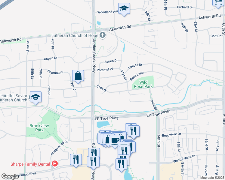 map of restaurants, bars, coffee shops, grocery stores, and more near 7169 Reed Lane in West Des Moines