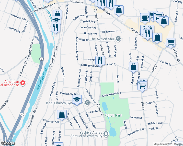 map of restaurants, bars, coffee shops, grocery stores, and more near 154 Leffingwell Avenue in Waterbury