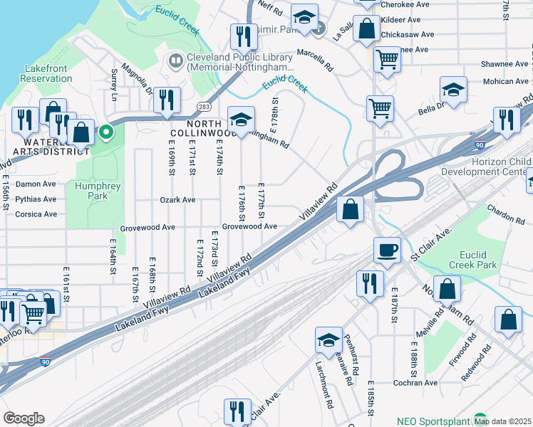 map of restaurants, bars, coffee shops, grocery stores, and more near 1127 East 177th Street in Cleveland