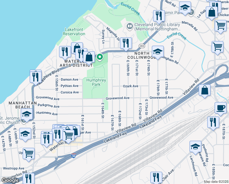 map of restaurants, bars, coffee shops, grocery stores, and more near 1129 East 167th Street in Cleveland