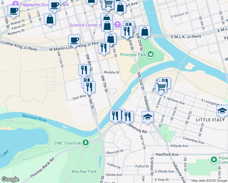 map of restaurants, bars, coffee shops, grocery stores, and more near 535 Southwest 7th Street in Des Moines