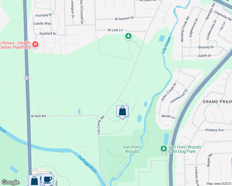 map of restaurants, bars, coffee shops, grocery stores, and more near 16850 South Lily Cache Road in Plainfield