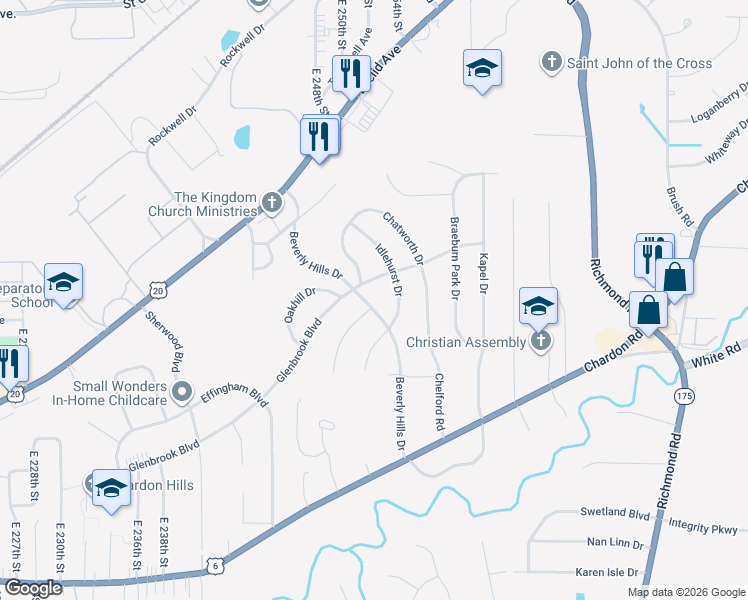 map of restaurants, bars, coffee shops, grocery stores, and more near 25101 Glenbrook Boulevard in Euclid
