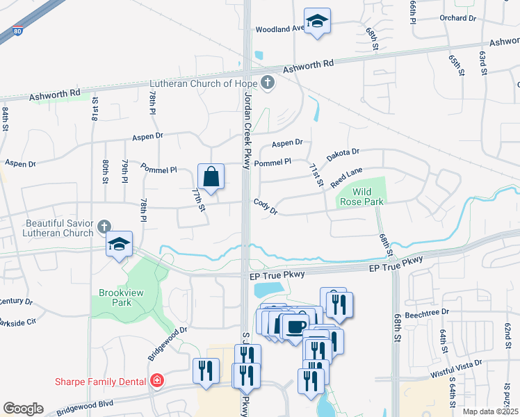 map of restaurants, bars, coffee shops, grocery stores, and more near 620 72nd Place in West Des Moines