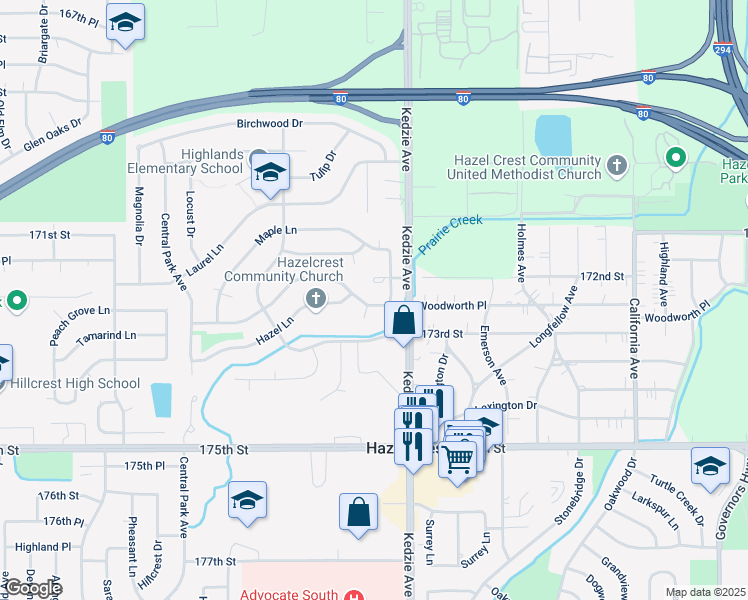 map of restaurants, bars, coffee shops, grocery stores, and more near 3210 Woodworth Place in Hazel Crest