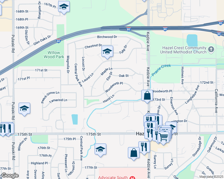 map of restaurants, bars, coffee shops, grocery stores, and more near 3319 Woodworth Place in Hazel Crest