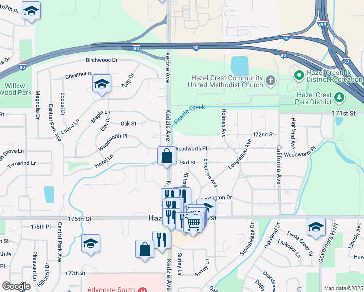map of restaurants, bars, coffee shops, grocery stores, and more near 3124 Woodworth Place in Hazel Crest