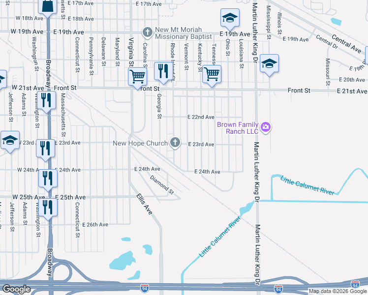 map of restaurants, bars, coffee shops, grocery stores, and more near 2269 Rhode Island Street in Gary