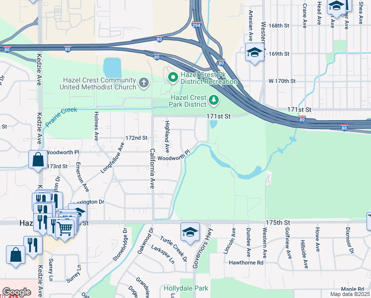 map of restaurants, bars, coffee shops, grocery stores, and more near 2652 Woodworth Place in Hazel Crest