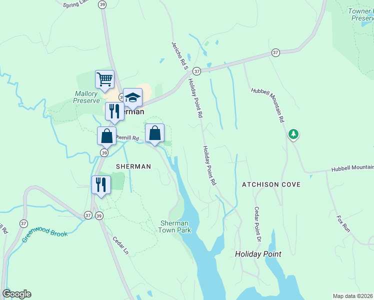 map of restaurants, bars, coffee shops, grocery stores, and more near 25 Hillside Drive in Sherman