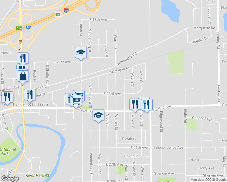 map of restaurants, bars, coffee shops, grocery stores, and more near 2266 Warren Street in Lake Station
