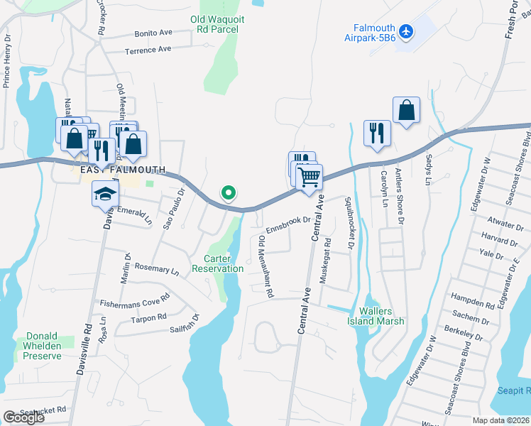 map of restaurants, bars, coffee shops, grocery stores, and more near 689 East Falmouth Highway in Falmouth