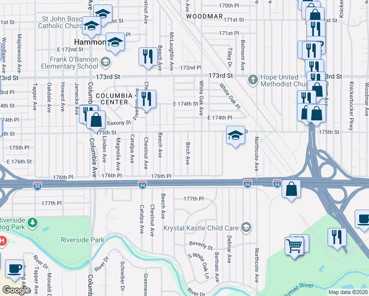 map of restaurants, bars, coffee shops, grocery stores, and more near 7518 Birch Avenue in Hammond