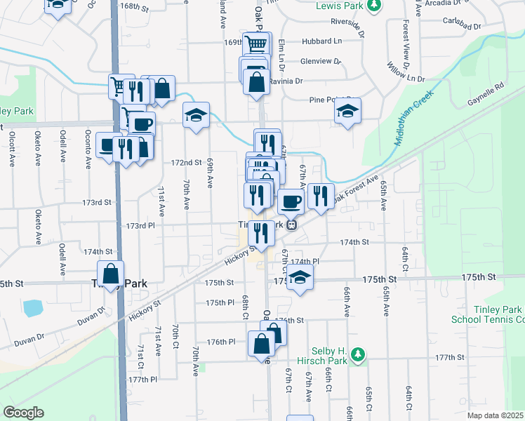 map of restaurants, bars, coffee shops, grocery stores, and more near 17318 Oak Park Avenue in Tinley Park