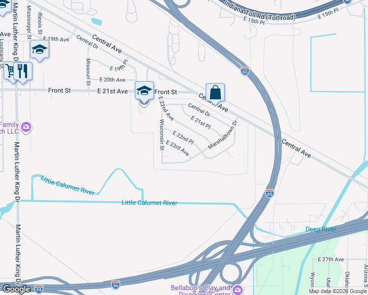map of restaurants, bars, coffee shops, grocery stores, and more near 2557 East 22nd Place in Gary
