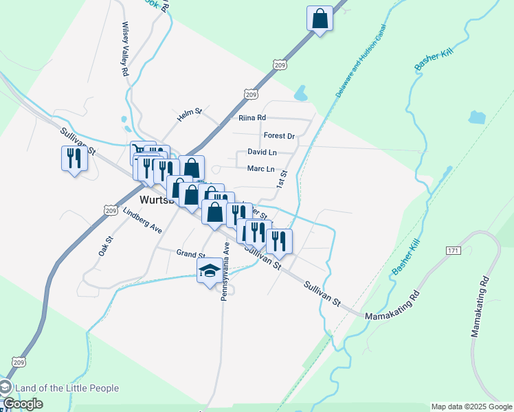 map of restaurants, bars, coffee shops, grocery stores, and more near 59 1st Street in Wurtsboro