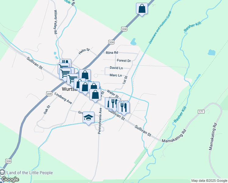 map of restaurants, bars, coffee shops, grocery stores, and more near 59 1st Street in Wurtsboro