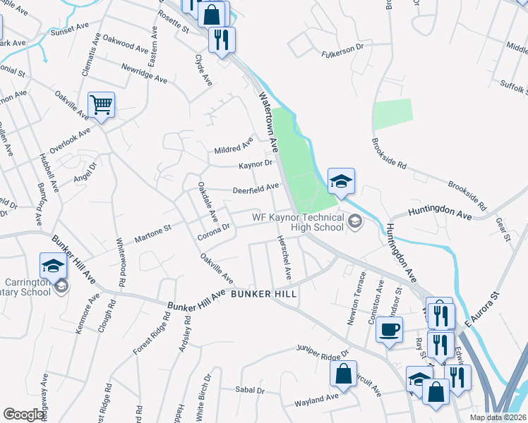 map of restaurants, bars, coffee shops, grocery stores, and more near 6 Smith Avenue in Waterbury