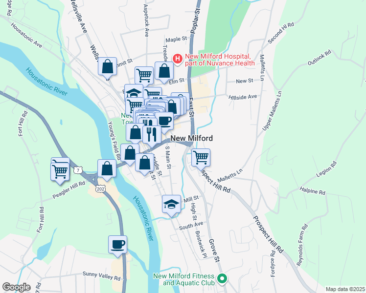 map of restaurants, bars, coffee shops, grocery stores, and more near 2A Main Street in New Milford