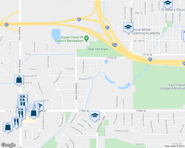 map of restaurants, bars, coffee shops, grocery stores, and more near 17206 Hillside Avenue in Hazel Crest
