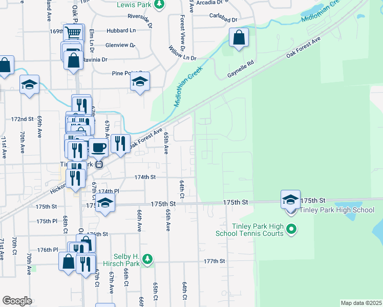 map of restaurants, bars, coffee shops, grocery stores, and more near 17301 64th Court in Tinley Park
