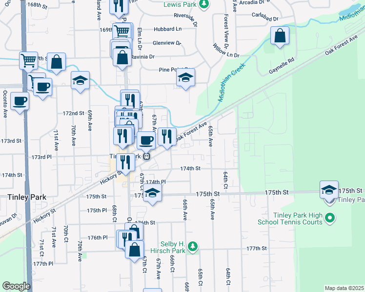 map of restaurants, bars, coffee shops, grocery stores, and more near 6619 Oak Forest Avenue in Tinley Park