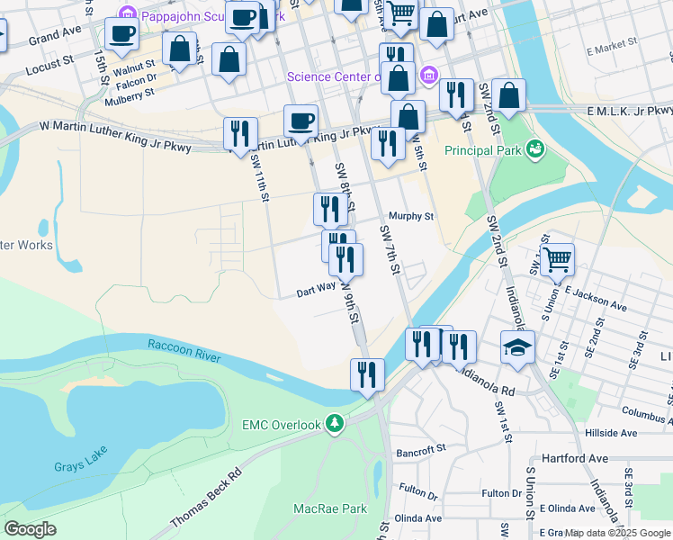 map of restaurants, bars, coffee shops, grocery stores, and more near 510 Southwest 9th Street in Des Moines