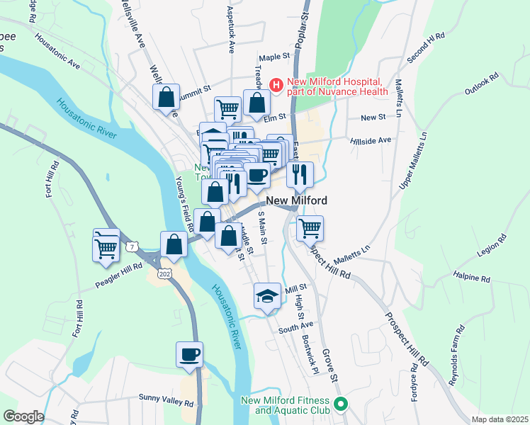 map of restaurants, bars, coffee shops, grocery stores, and more near 2A Main Street in New Milford