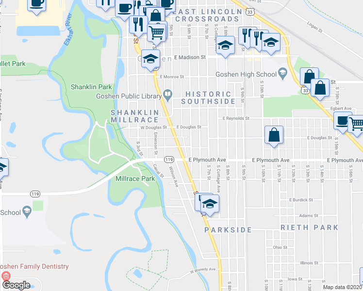 map of restaurants, bars, coffee shops, grocery stores, and more near 724 South Main Street in Goshen