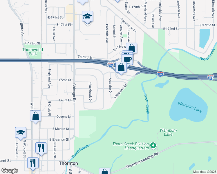 map of restaurants, bars, coffee shops, grocery stores, and more near 29 Arapaho Drive in Thornton