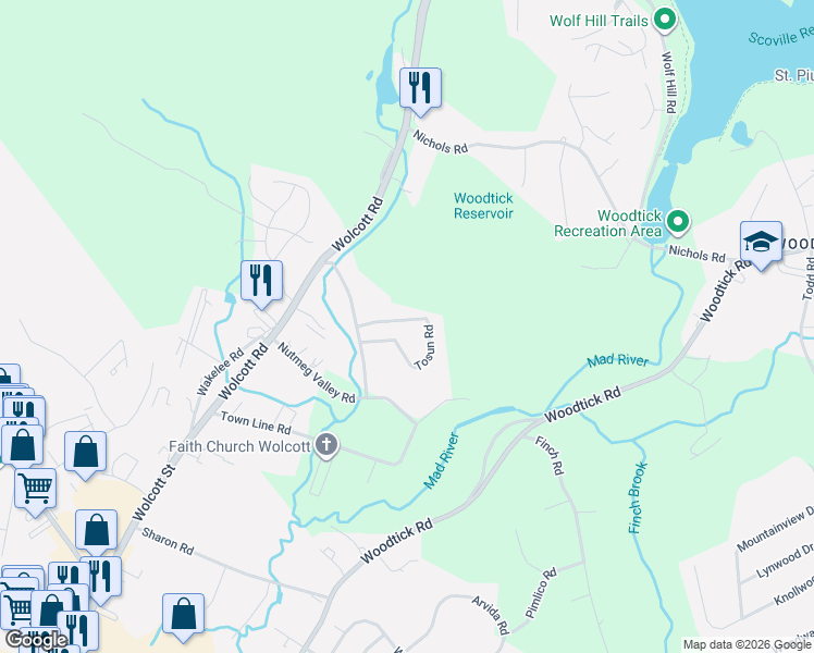 map of restaurants, bars, coffee shops, grocery stores, and more near 78 Tosun Road in Wolcott