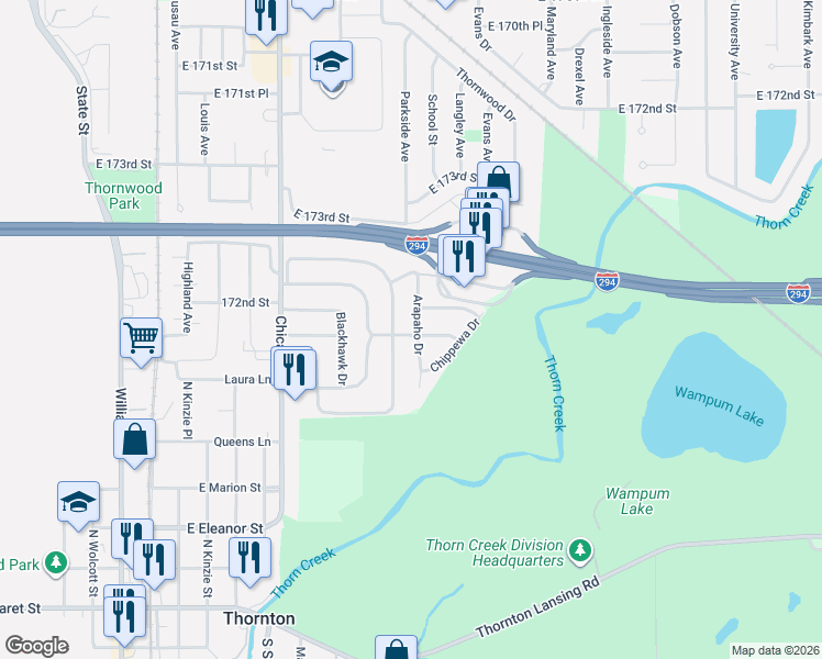 map of restaurants, bars, coffee shops, grocery stores, and more near 29 Arapaho Drive in Thornton