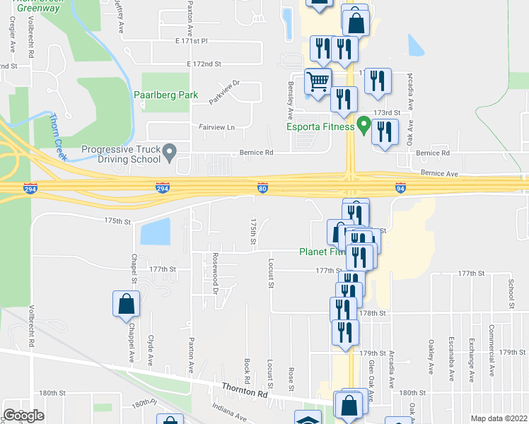map of restaurants, bars, coffee shops, grocery stores, and more near 2160 176th Place in Lansing